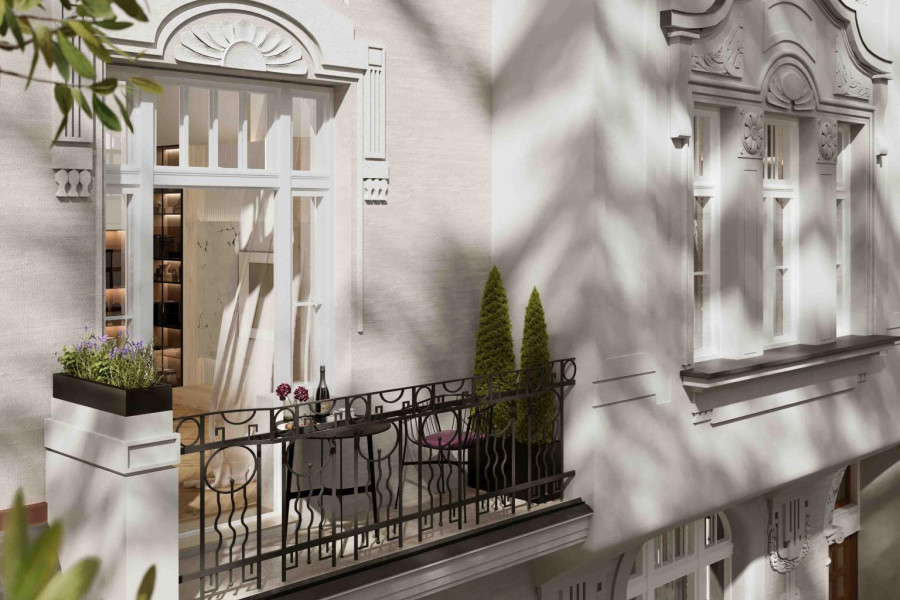 Detail Visualisierung der historischen Fassade Siegfried 8 in München Schwabing mit Balkon