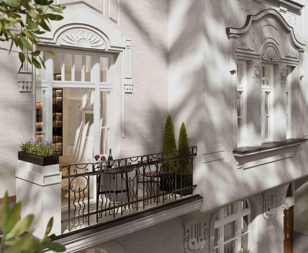 Detail Visualisierung der historischen Fassade Siegfried 8 in München Schwabing mit Balkon