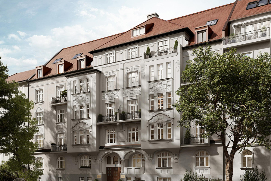 Eindrucksvolle historische Fassade von Siegfried 8 in München Schwabing