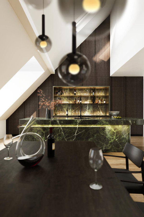 Detail vom eindrucksvollen Esszimmer im Penthouse von Siegfried 8