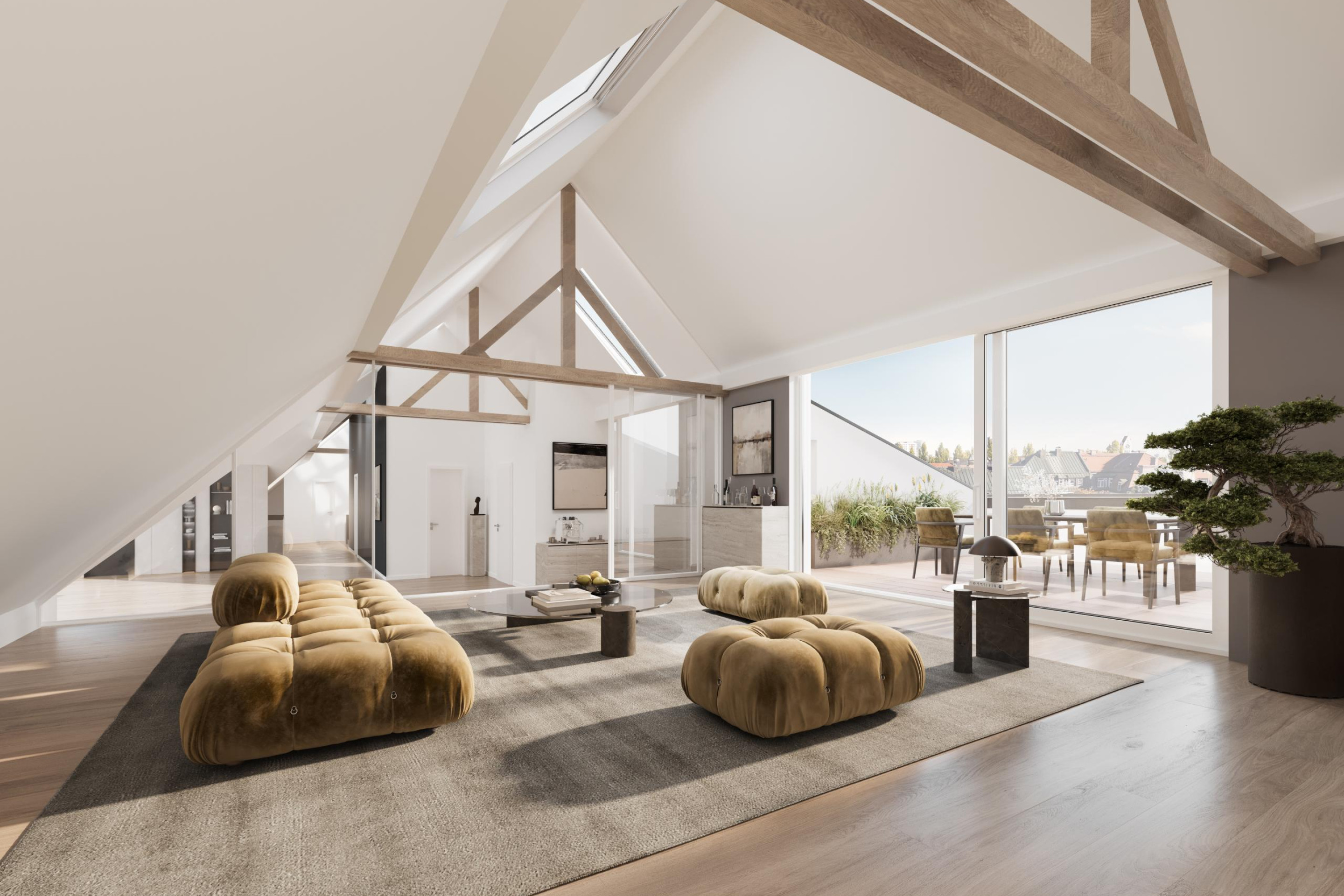 Orangerie mit sonniger Dachterrasse und Skyline Ausblick im Penthouse von Siegfried 8.