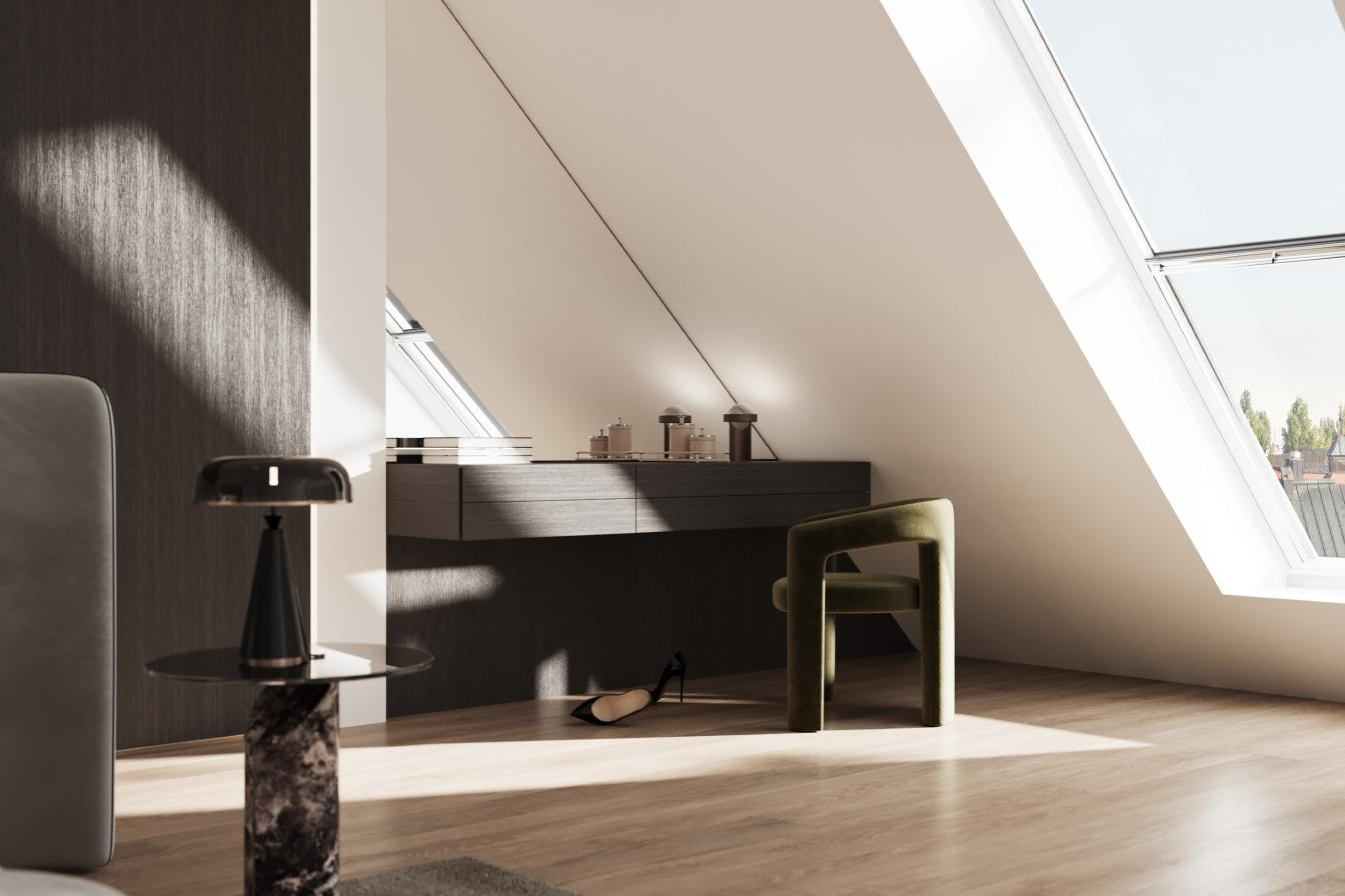 Detail vom Schlafzimmer mit Dachterrase im Penthouse von Siegfried 8.