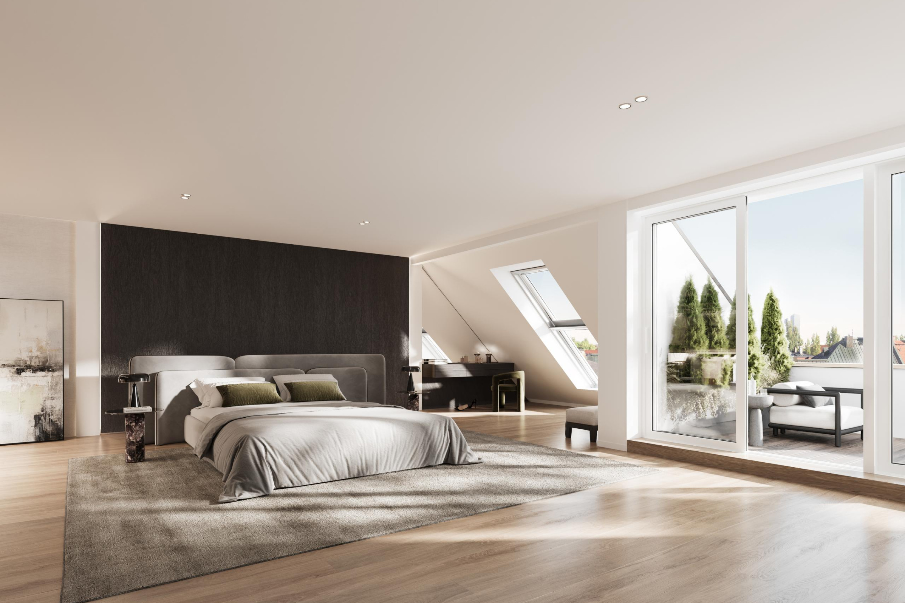 Schlafzimmer mit Dachterrase im Penthouse von Siegfried 8.